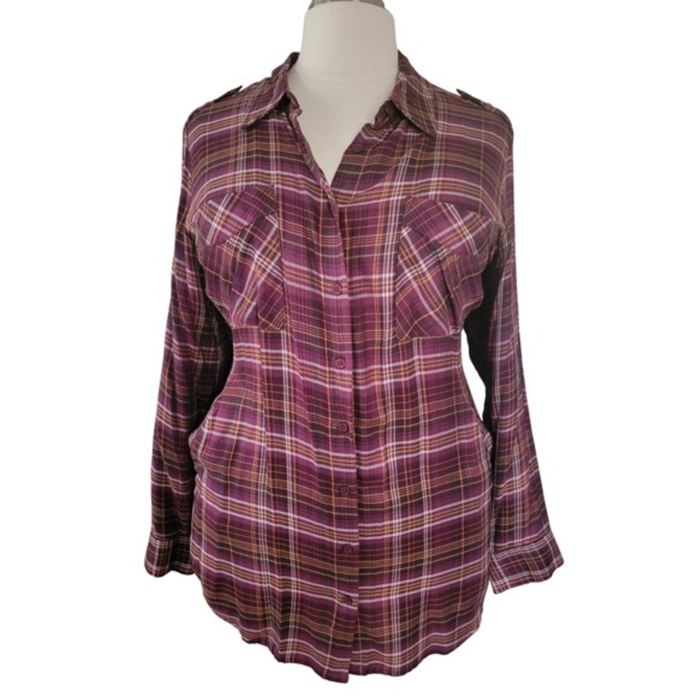 Style & Co Purple Plaid Button Down Shirt Pockets 3X Long Sleeve Rayon Tunic